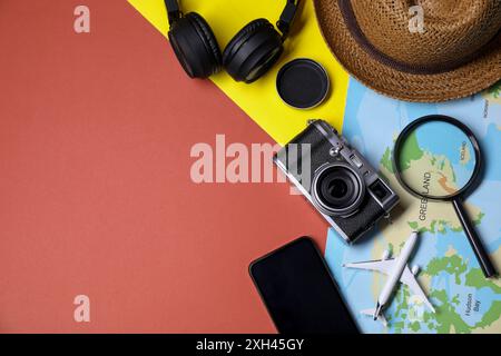 Flat lay composition with travel blogger`s items on color background Stock Photo